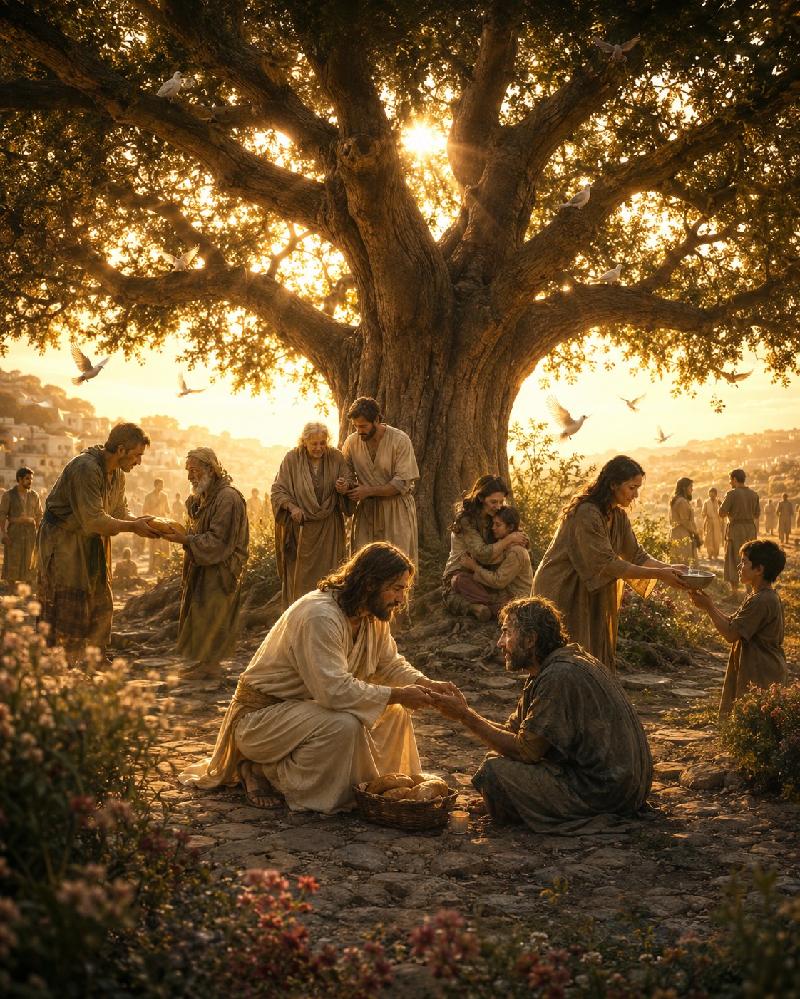 Jesus shown helping someone with kindness