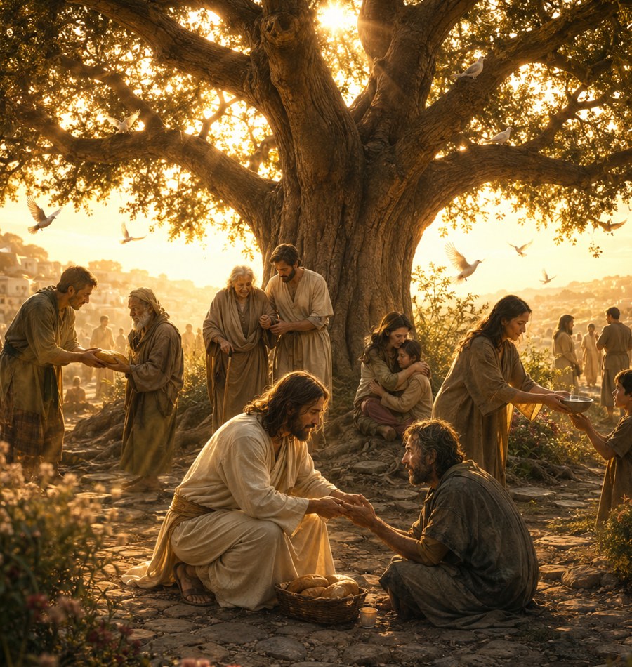 Jesus shown offering kindness under a tree as love spreads to others